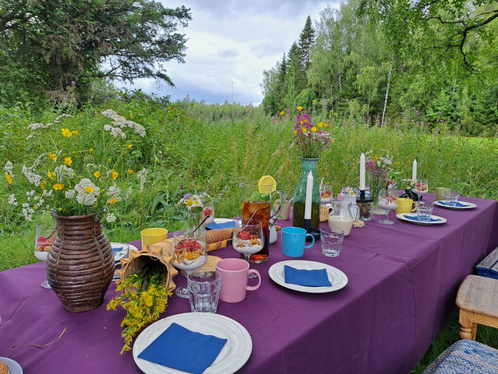 Pöytä katettu niityn reunaan